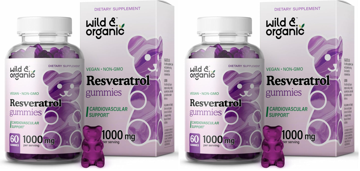 Wild & Organic Resveratrol Gummies 1000mg | Trans-Resveratrol for Antioxidant, Brain & Immune Support (Pack of 2)