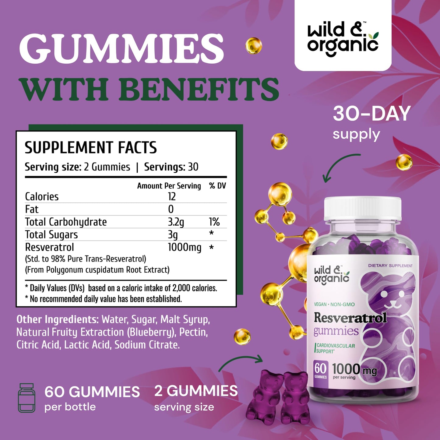 Wild & Organic Resveratrol Gummies 1000mg | Trans-Resveratrol for Antioxidant, Brain & Immune Support (Pack of 2)