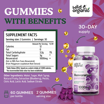 Wild & Organic Resveratrol Gummies 1000mg | Trans-Resveratrol for Antioxidant, Brain & Immune Support (Pack of 2)