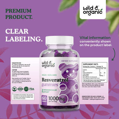 Wild & Organic Resveratrol Gummies 1000mg | Trans-Resveratrol for Antioxidant, Brain & Immune Support (Pack of 2)