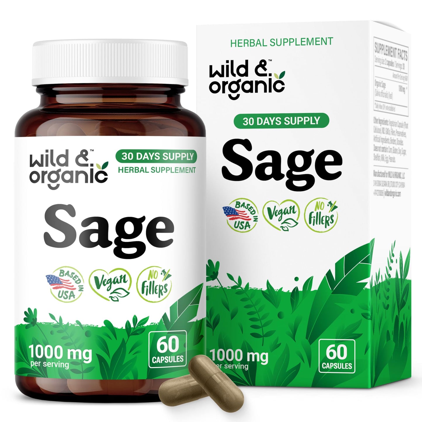 Wild & Organic Sage Capsules — 1000 mg Sage per Serving | Brain & Digestive Support