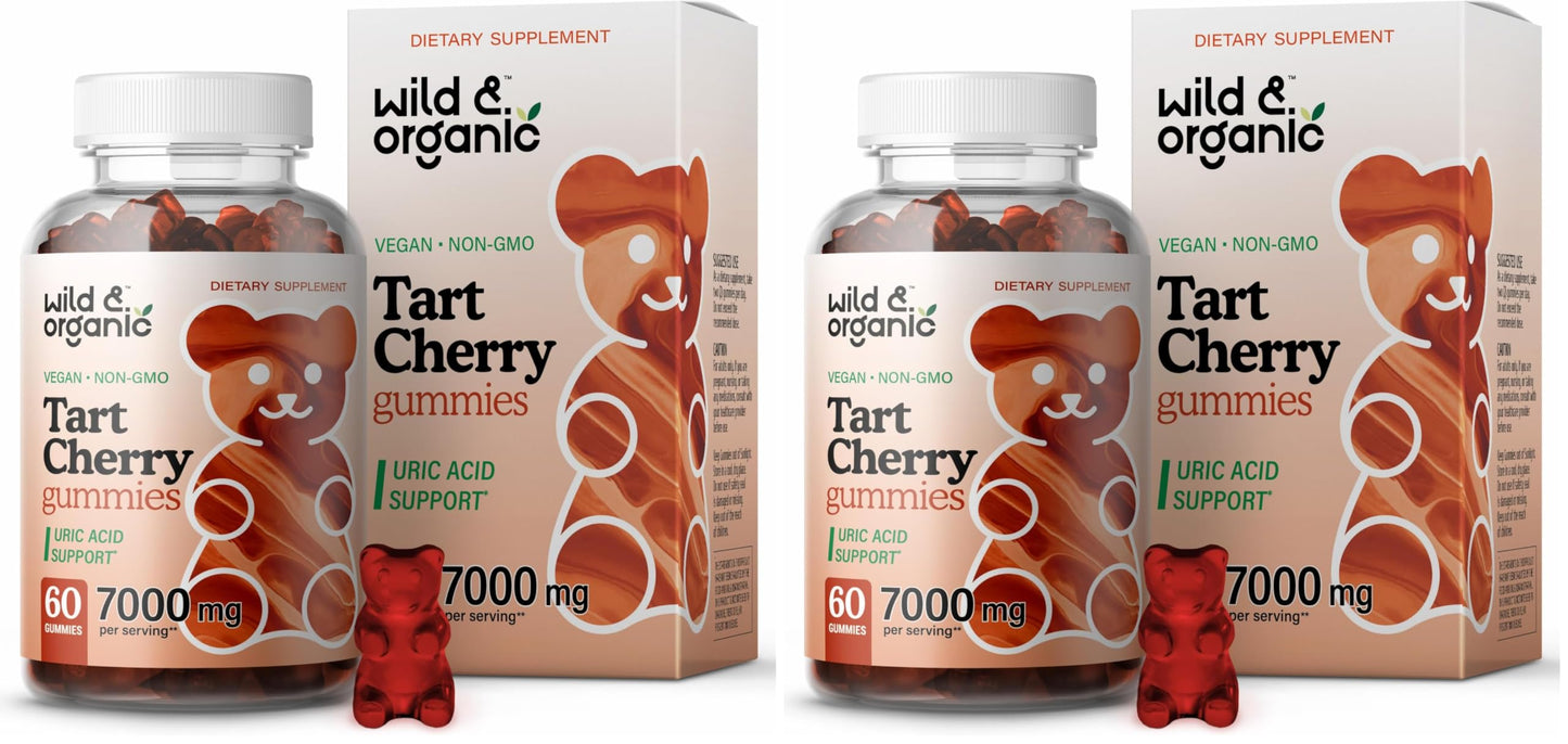 Wild & Organic Tart Cherry Gummies 7000 mg - Tart Cherry Extract for Uric Level Support - 60 Vegan, Non-GMO Chews (Pack of 2)