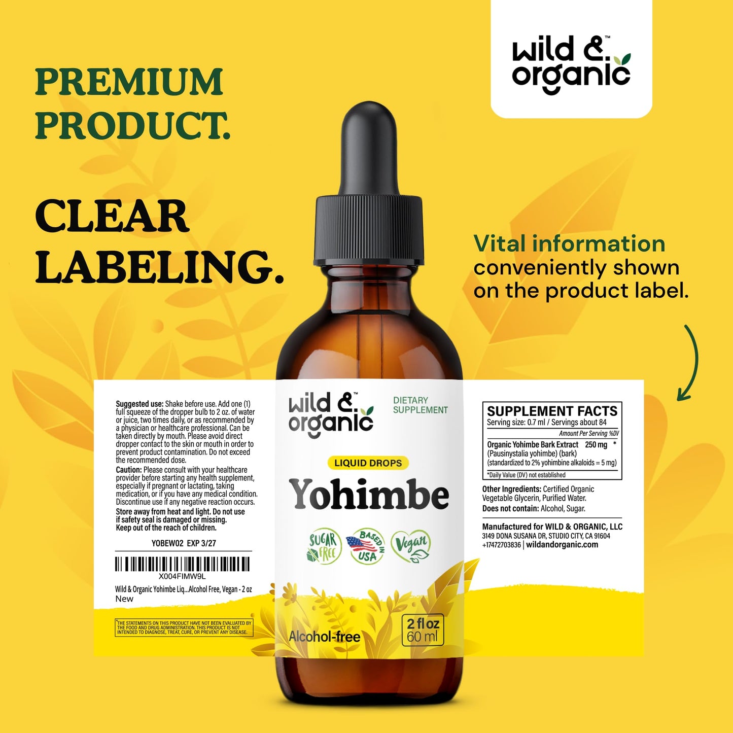 Wild & Organic Yohimbe Drops - 5 mg Yohimbine, Vegan & Alcohol-Free, 2 fl oz
