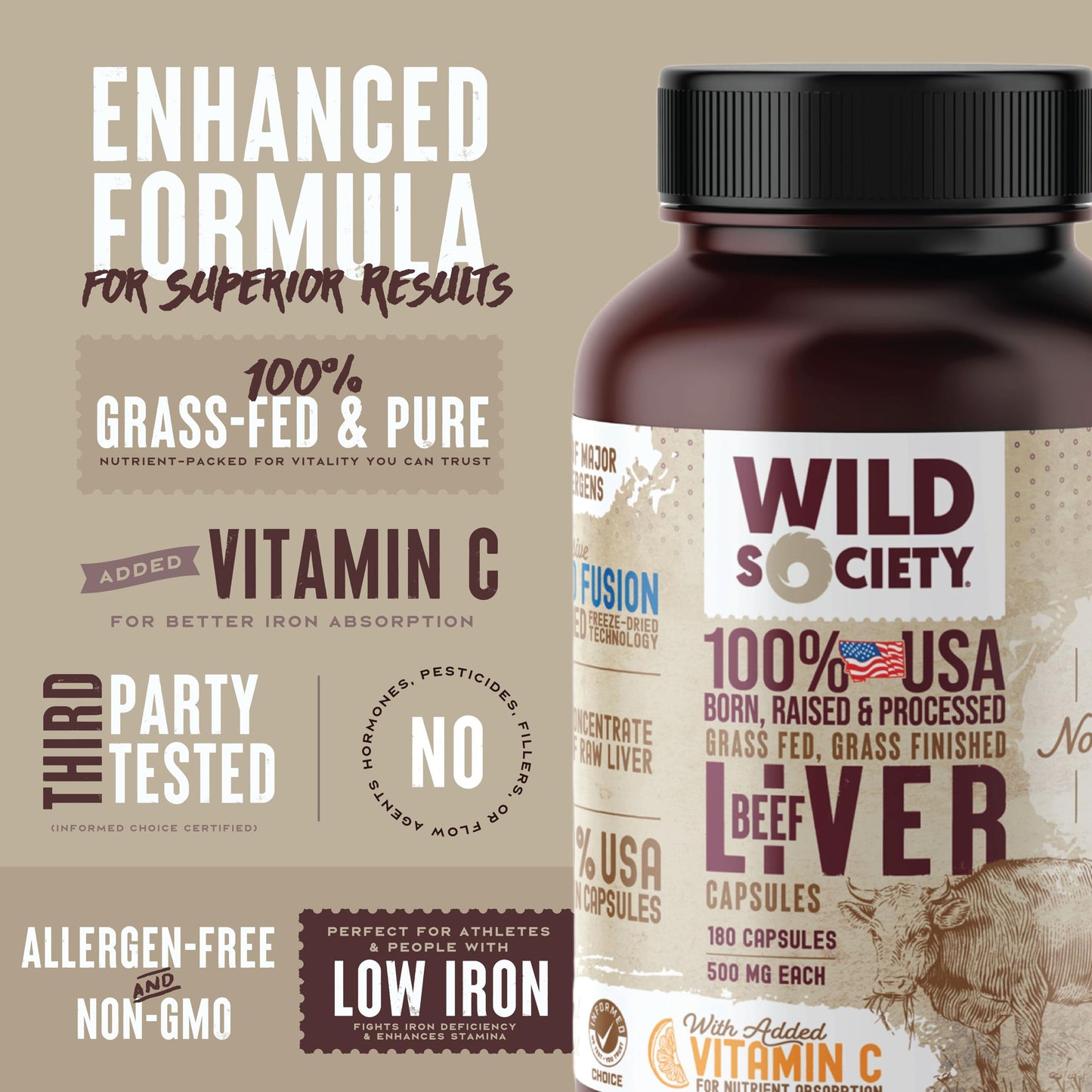 WILD SOCIETY USA Grass-Fed Beef Liver Capsules – 3000mg Max Strength