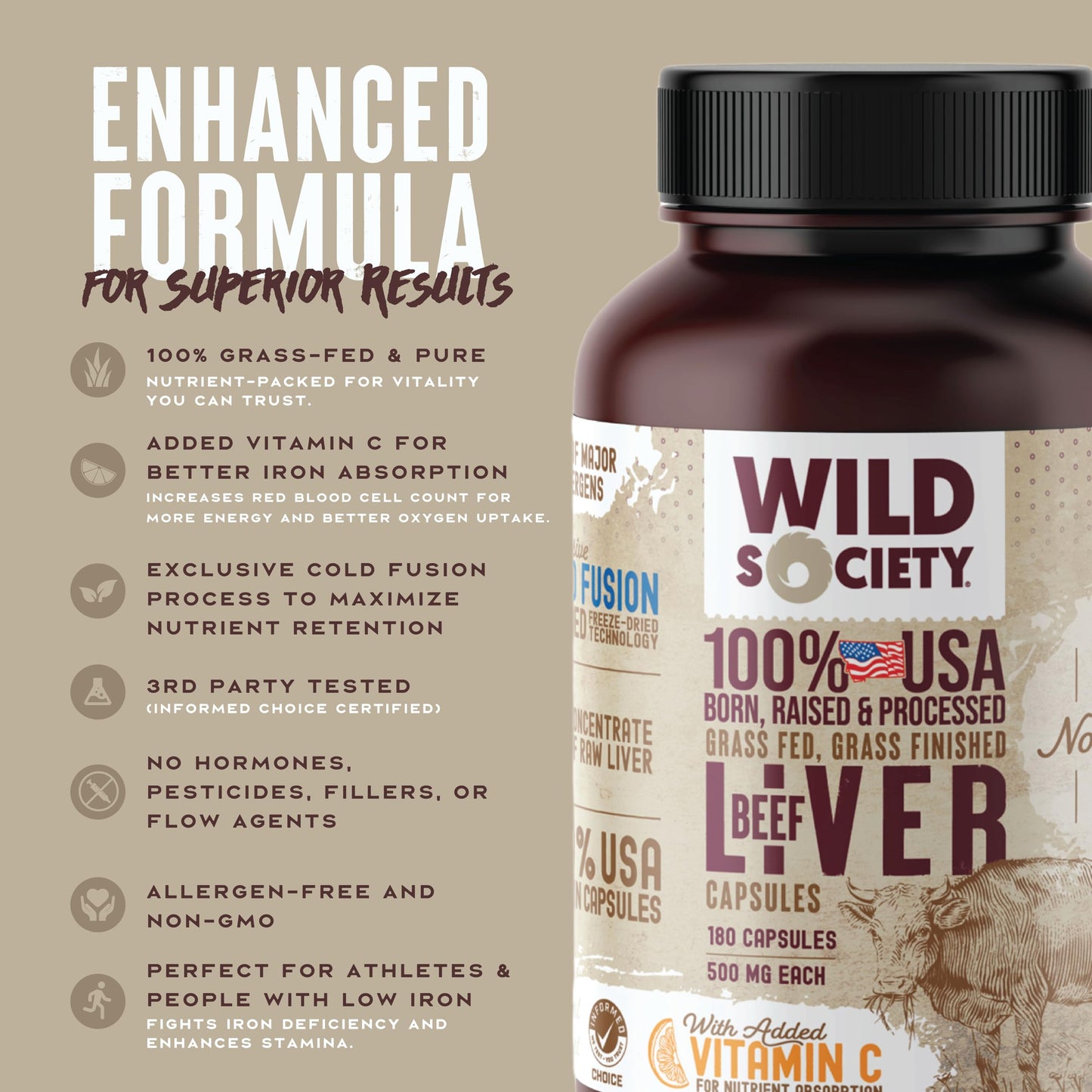 WILD SOCIETY USA Grass-Fed Beef Liver Capsules – 3000mg Max Strength