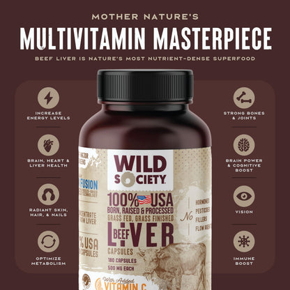 WILD SOCIETY USA Grass-Fed Beef Liver Capsules – 3000mg Max Strength
