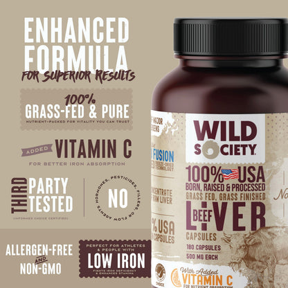 WILD SOCIETY USA Grass-Fed Beef Liver Capsules – 3000mg Max Strength