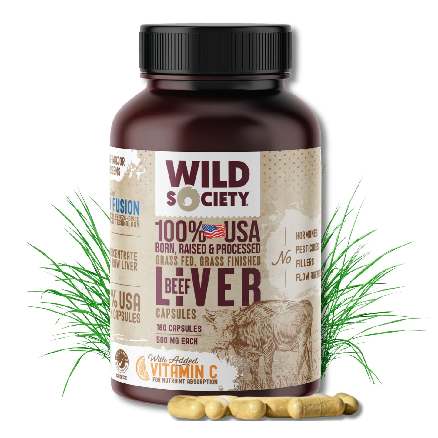 WILD SOCIETY USA Grass-Fed Beef Liver Capsules – 3000mg Max Strength