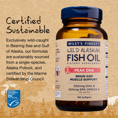Wiley's Finest Peak DHA | Wild Alaskan Fish Oil 900mg EPA/DHA | 180 Softgels