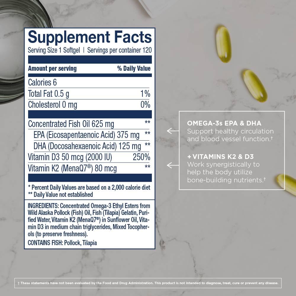 Wiley's Finest Wild Alaskan Fish Oil Vitamin K2 & D3 Softgels - 500mg EPA/DHA | 120 Servings