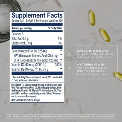 Wiley's Finest Wild Alaskan Fish Oil Vitamin K2 & D3 Softgels - 500mg EPA/DHA | 120 Servings