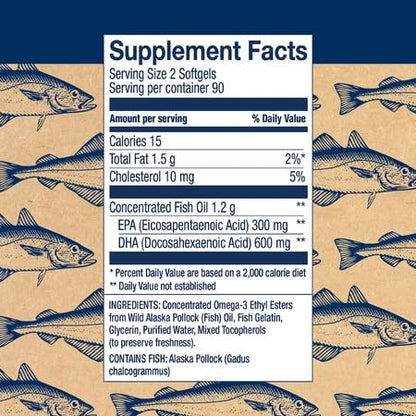 Wiley's Finest Wild Alaskan Fish Oil Prenatal DHA – 900mg Omega-3 (180 Softgels)
