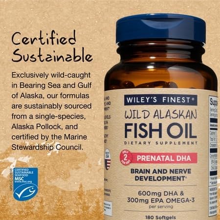 Wiley's Finest Wild Alaskan Fish Oil Prenatal DHA – 900mg Omega-3 (180 Softgels)