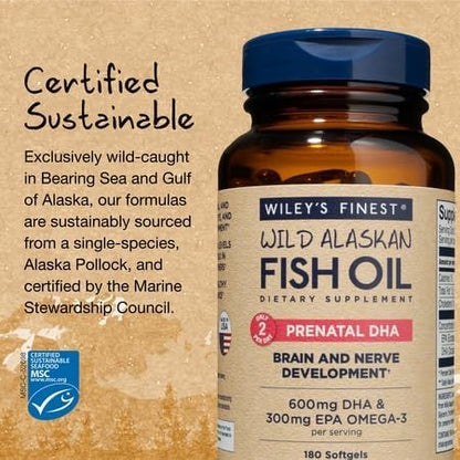 Wiley's Finest Wild Alaskan Fish Oil Prenatal DHA – 900mg Omega-3 (180 Softgels)