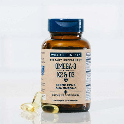 Wiley's Finest Wild Alaskan Fish Oil Vitamin K2 & D3 Softgels - 500mg EPA/DHA | 120 Servings