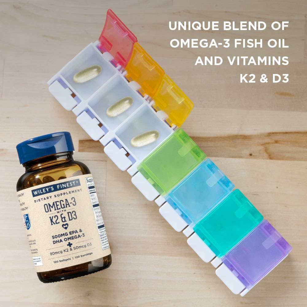 Wiley's Finest Wild Alaskan Fish Oil Vitamin K2 & D3 Softgels - 500mg EPA/DHA | 120 Servings
