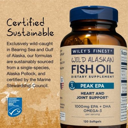 Wiley's Finest Peak EPA Wild Alaskan Fish Oil - Triple Strength 1000mg EPA/DHA - 120 Softgels