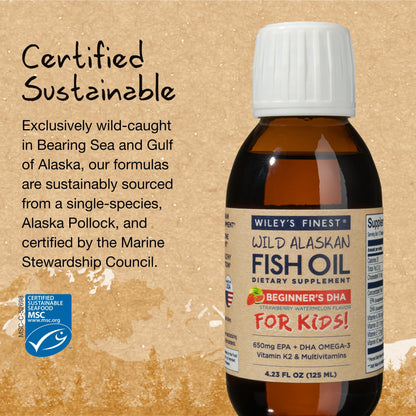 Wiley's Finest Wild Alaskan Beginner's DHA – Kids Liquid Fish Oil, 650 mg EPA/DHA, Strawberry Watermelon, 4.23 oz (50 Servings)