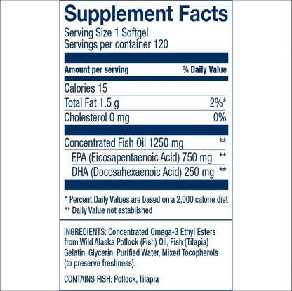 Wiley's Finest Peak EPA Wild Alaskan Fish Oil - Triple Strength 1000mg EPA/DHA - 120 Softgels