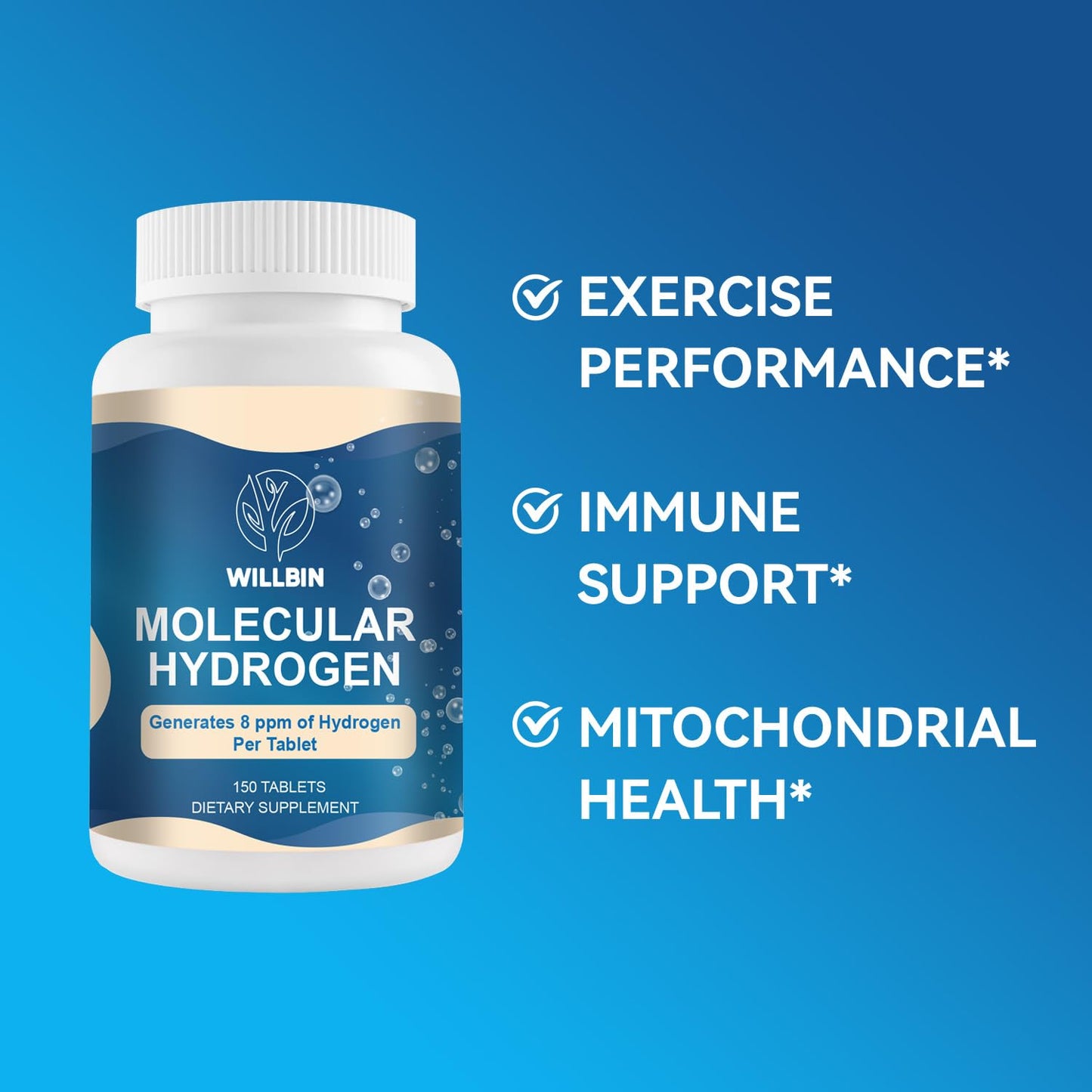 Willbin 150ct Hydrogen Water Tablets - 8ppm Fast-Dissolving, Vegan & Non-GMO