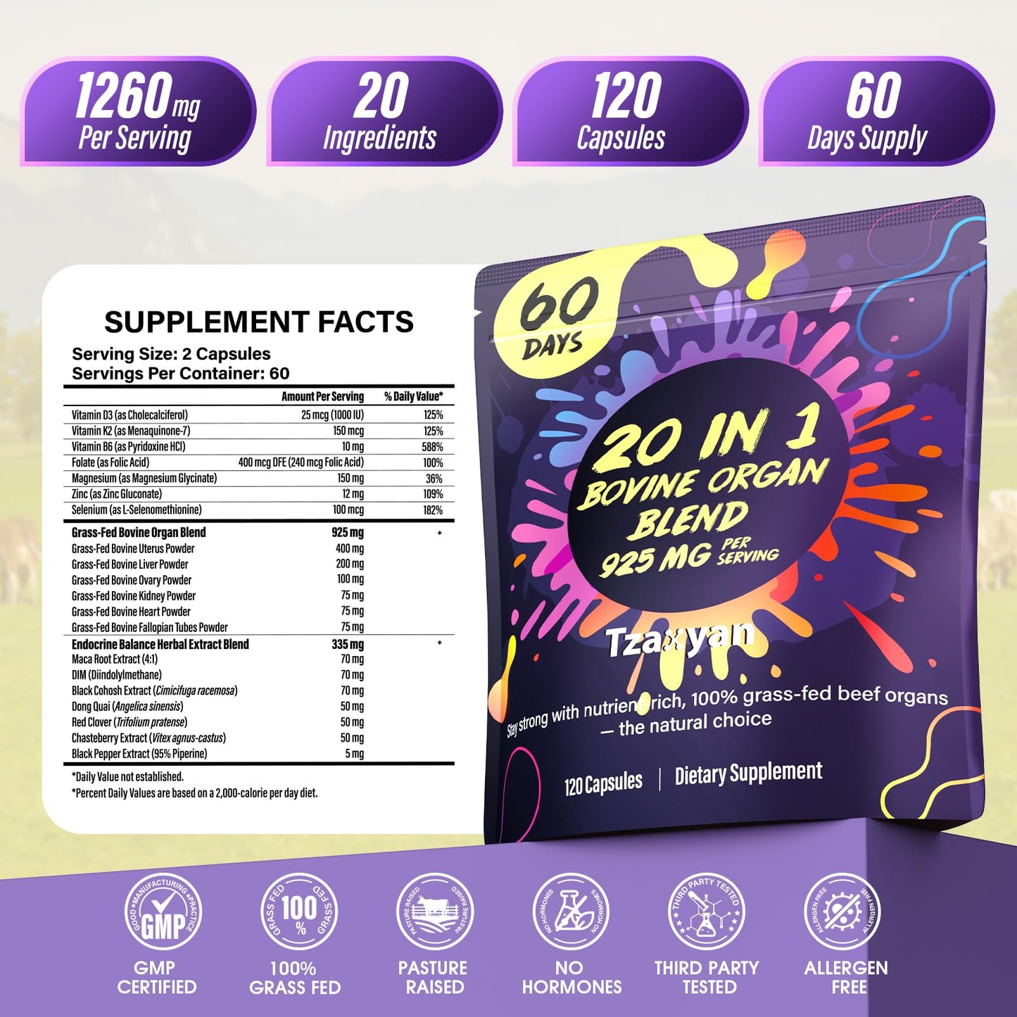 tzaxyan 20-In-1 Beef Organ Supplement for Women – Grass-Fed Liver, Uterus, Ovary & More | Hormone Balance & Energy | 60 Days