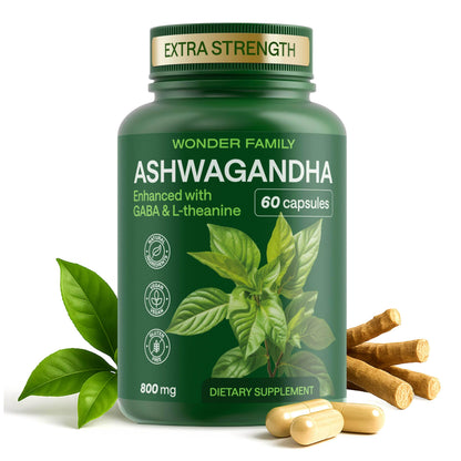 WONDER FAMILY Ashwagandha Complex 800mg with GABA, L-Theanine & B6 – Calm, Focus & Mood (60 Capsules)