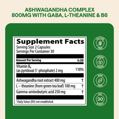 WONDER FAMILY Ashwagandha Complex 800mg with GABA, L-Theanine & B6 – Calm, Focus & Mood (60 Capsules)