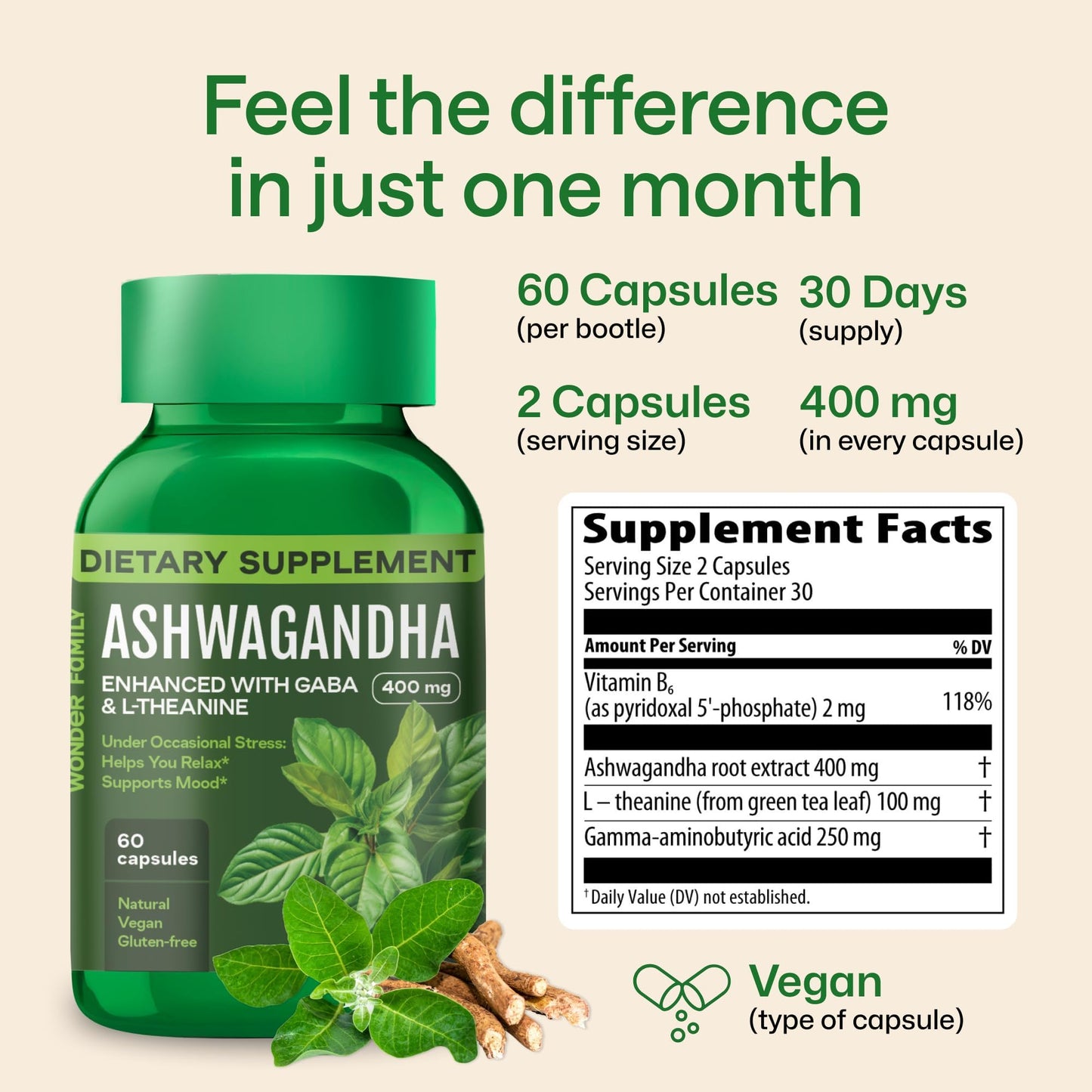 WONDER FAMILY Ashwagandha Complex 96,000mg with GABA, L-Theanine & B6 – Calm, Focus & Mood Support – 240 Capsules (Non-GMO, Gluten-Free) – 4 Pack