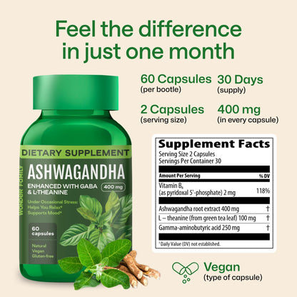 WONDER FAMILY Ashwagandha Complex 96,000mg with GABA, L-Theanine & B6 – Calm, Focus & Mood Support – 240 Capsules (Non-GMO, Gluten-Free) – 4 Pack