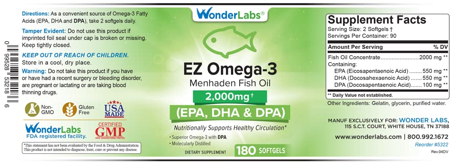 Wonder Laboratories EZ Omega-3 Atlantic Menhaden – 2000 mg, Burpless, USA Made, 180 Softgels