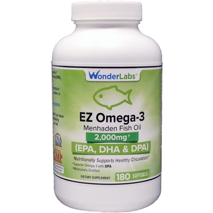 Wonder Laboratories EZ Omega-3 Atlantic Menhaden – 2000 mg, Burpless, USA Made, 180 Softgels