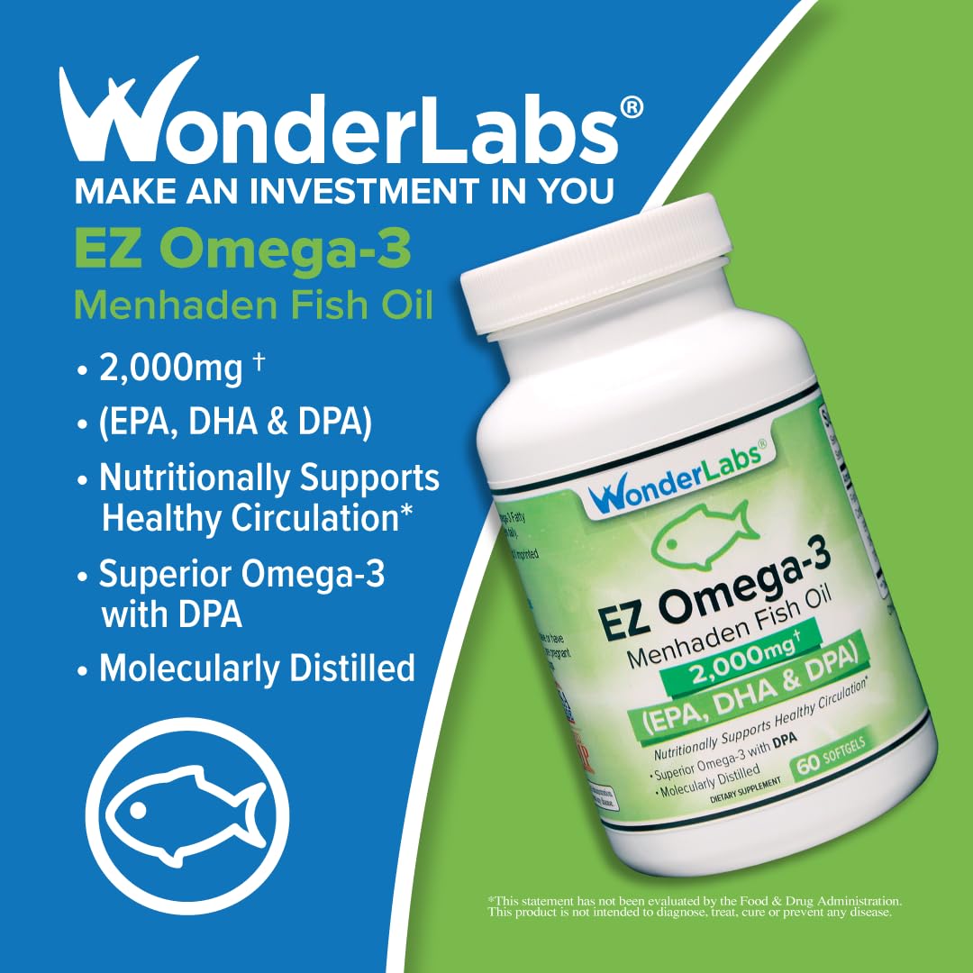 Wonder Laboratories EZ Omega-3 Atlantic Menhaden – 2000 mg, Burpless, USA Made, 180 Softgels