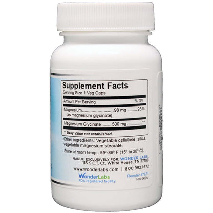 Wonder Laboratories Magnesium Glycinate 500mg – Chelated, Non-GMO, Gluten, Dairy & Soy Free (60)