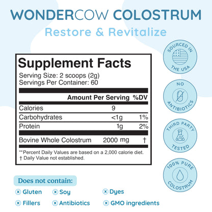 WONDERCOW Colostrum Powder – Gut Health, Immune Support, Muscle Recovery | Unflavored, 60 Servings