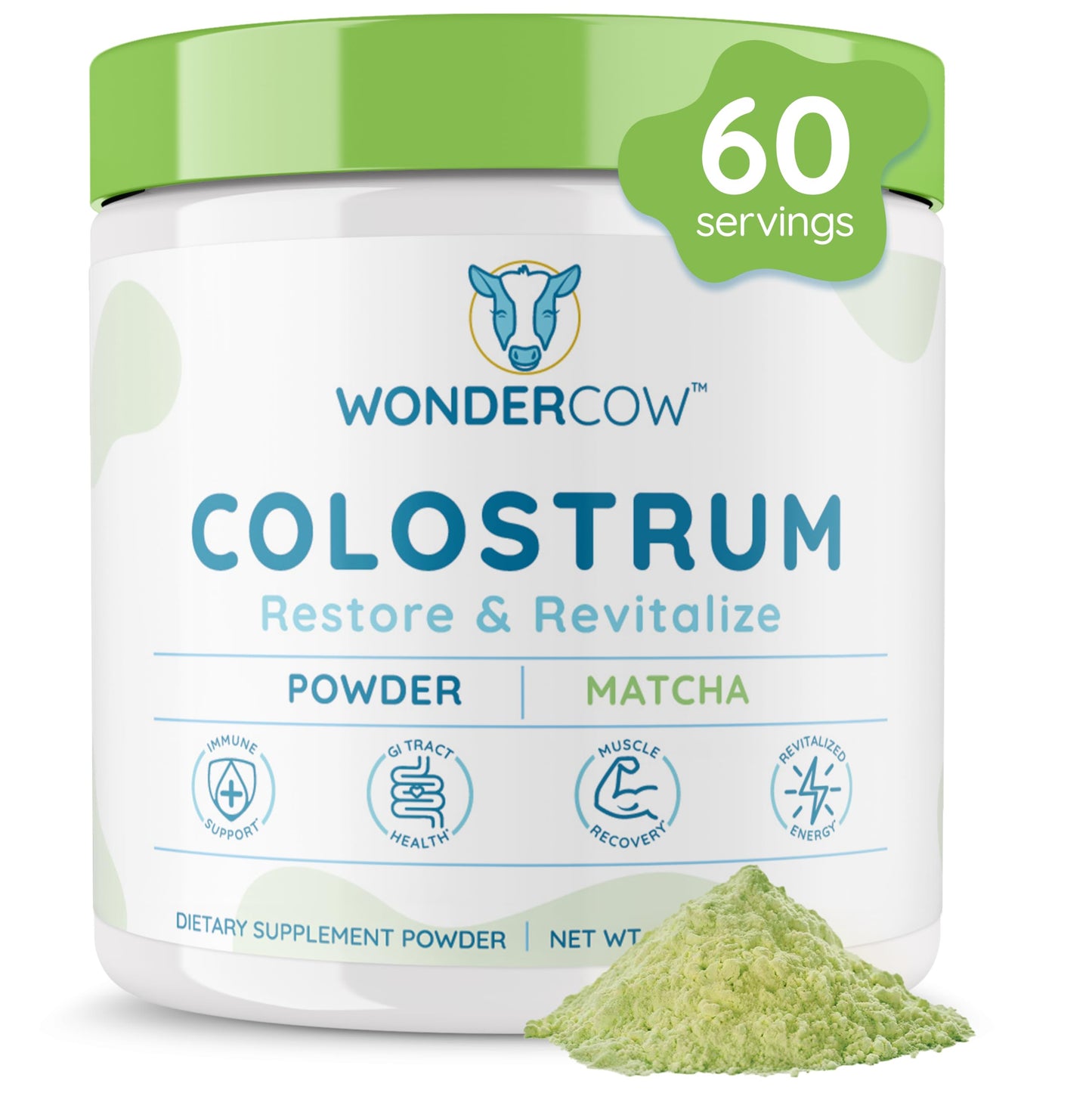 WONDERCOW Colostrum Powder for Gut Health, Immune Support & Muscle Recovery | Pure Whole Bovine Colostrum with Matcha, 60 Servings