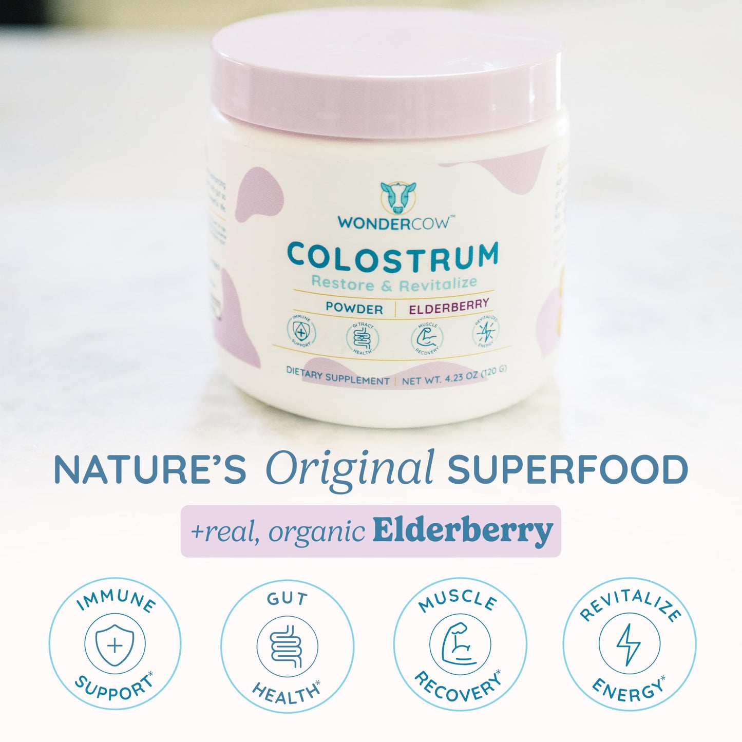 WONDERCOW Colostrum Powder for Gut Health, Immune Support & Recovery | Elderberry, 60 Servings