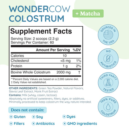 WONDERCOW Colostrum Powder for Gut Health, Immune Support & Muscle Recovery | Pure Whole Bovine Colostrum with Matcha, 60 Servings