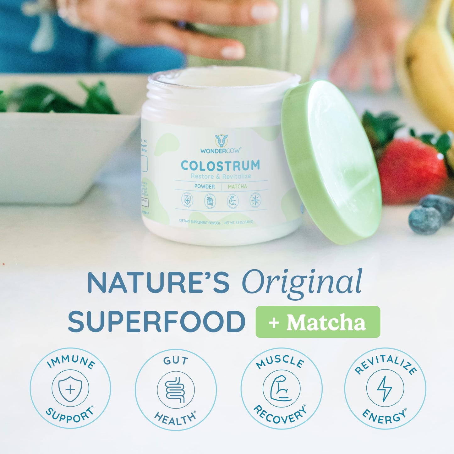 WONDERCOW Colostrum Powder for Gut Health, Immune Support & Muscle Recovery | Pure Whole Bovine Colostrum with Matcha, 60 Servings