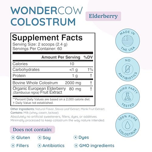 WONDERCOW Colostrum Powder for Gut Health, Immune Support & Recovery | Elderberry, 60 Servings