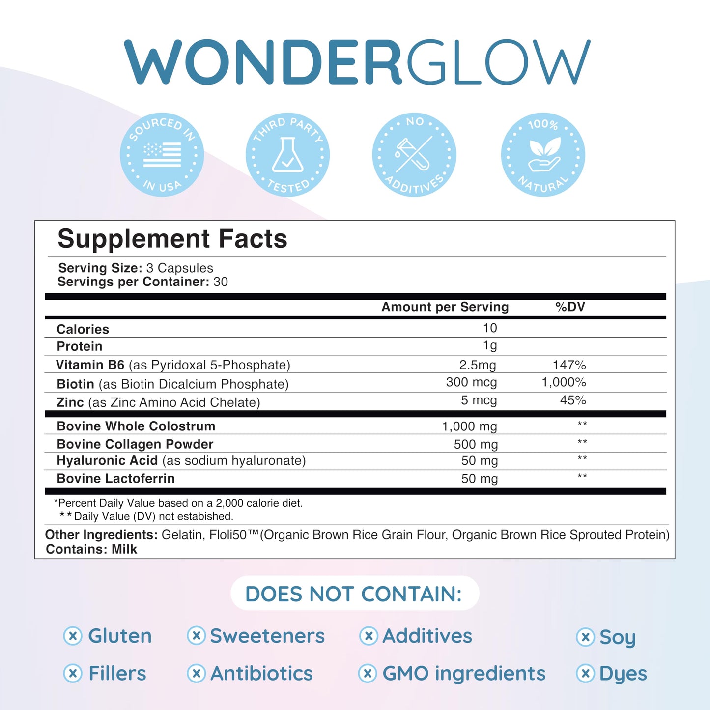 WONDERCOW WonderGlow Hair, Skin & Nails Vitamins | Bovine Colostrum, Collagen & Biotin