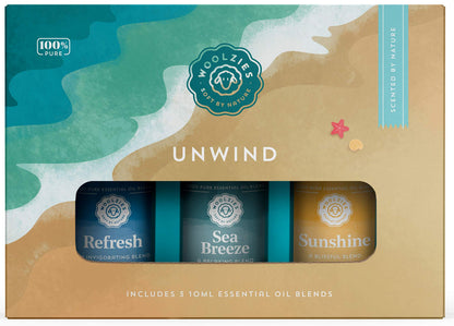 Woolzies Unwind Essential Oil Collection – 3 Blends (Sea Breeze, Refresh, Sunshine) – Therapeutic Grade