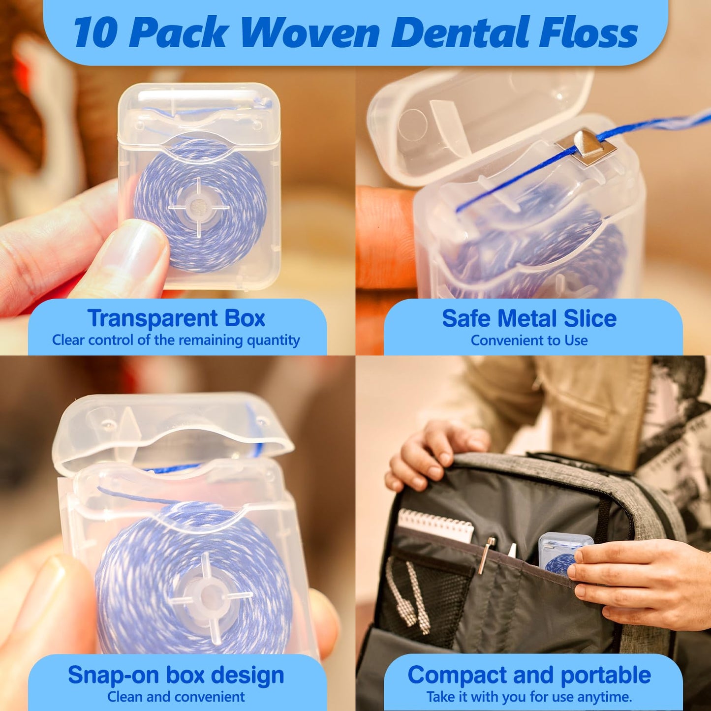 Woven Dental Floss - Expandable Waxed Mint Floss for Gentle Oral Care, Whitening, Plaque Removal, Kid-Friendly String Floss, 10 Spools (30 yd Each)