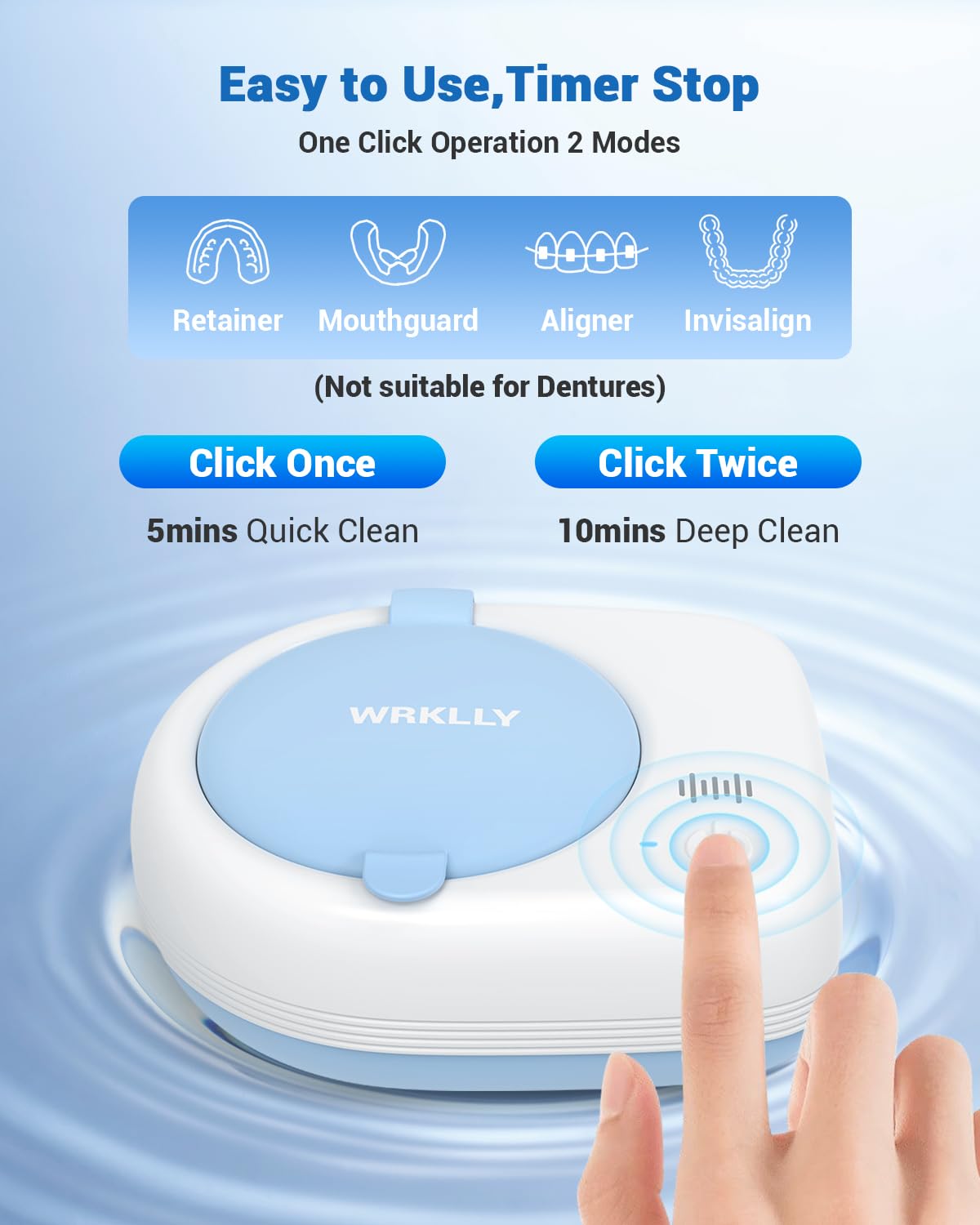 Wrklly Rechargeable Ultrasonic Retainer Cleaner Machine | 50kHz 1.9 inch Ultra-Thin Portable | Night Guard Aligners Jewelry |6pcs Cleaner Tablets Included | Quick & Deep Clean Modes | Oral Dental Care