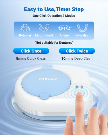Wrklly Rechargeable Ultrasonic Retainer Cleaner Machine | 50kHz 1.9 inch Ultra-Thin Portable | Night Guard Aligners Jewelry |6pcs Cleaner Tablets Included | Quick & Deep Clean Modes | Oral Dental Care