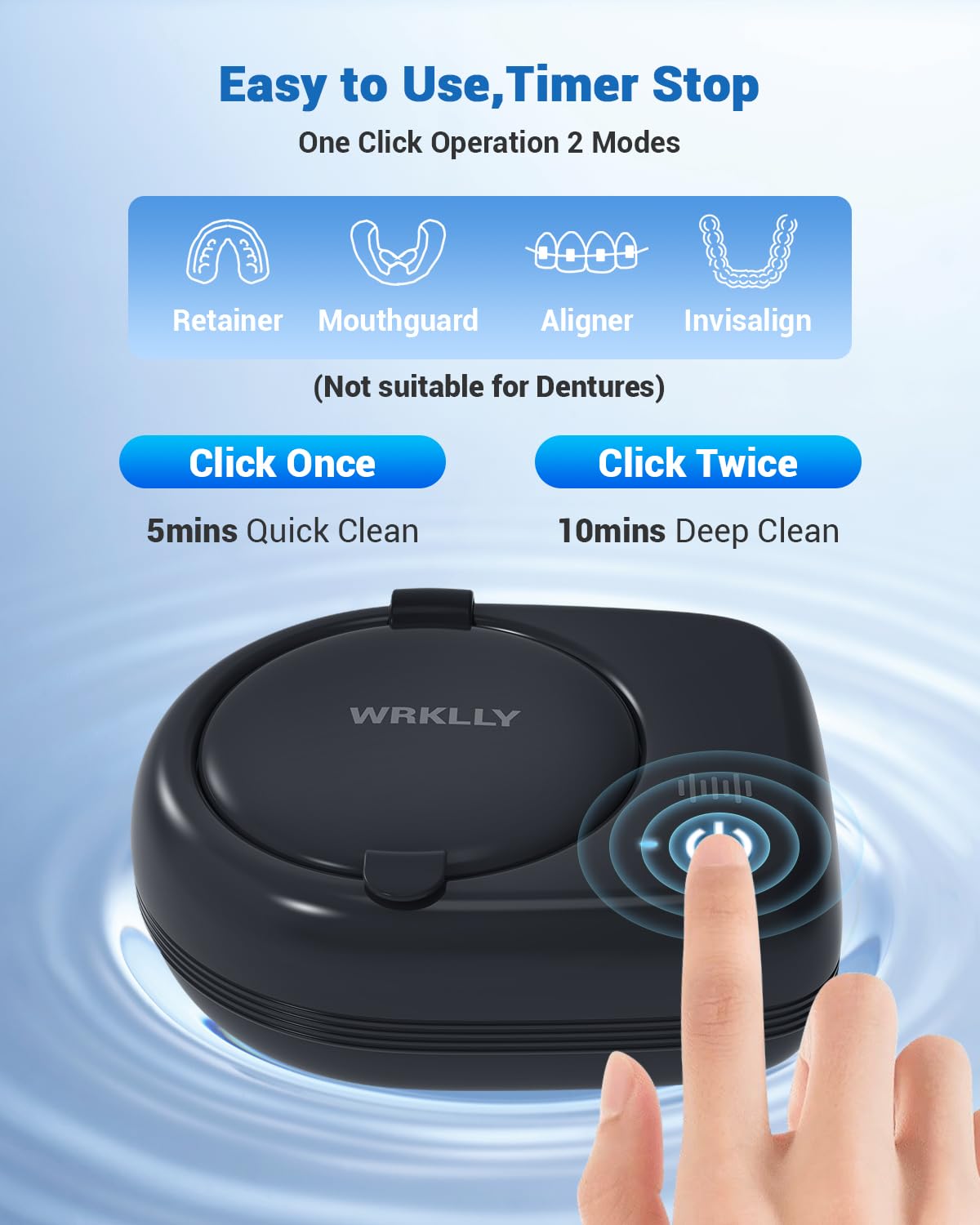Wrklly Rechargeable Ultrasonic Retainer Cleaner Machine | 50kHz 1.9-inch Ultra-Thin Portable | Night Guard Aligners Jewelry | 6pcs Cleaner Tablets Included | Quick & Deep Clean Modes | Oral Dental Care