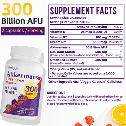 Wsidche 300 Billion AFU Akkermansia Probiotic | 3 Packs for Digestive & Gut Support