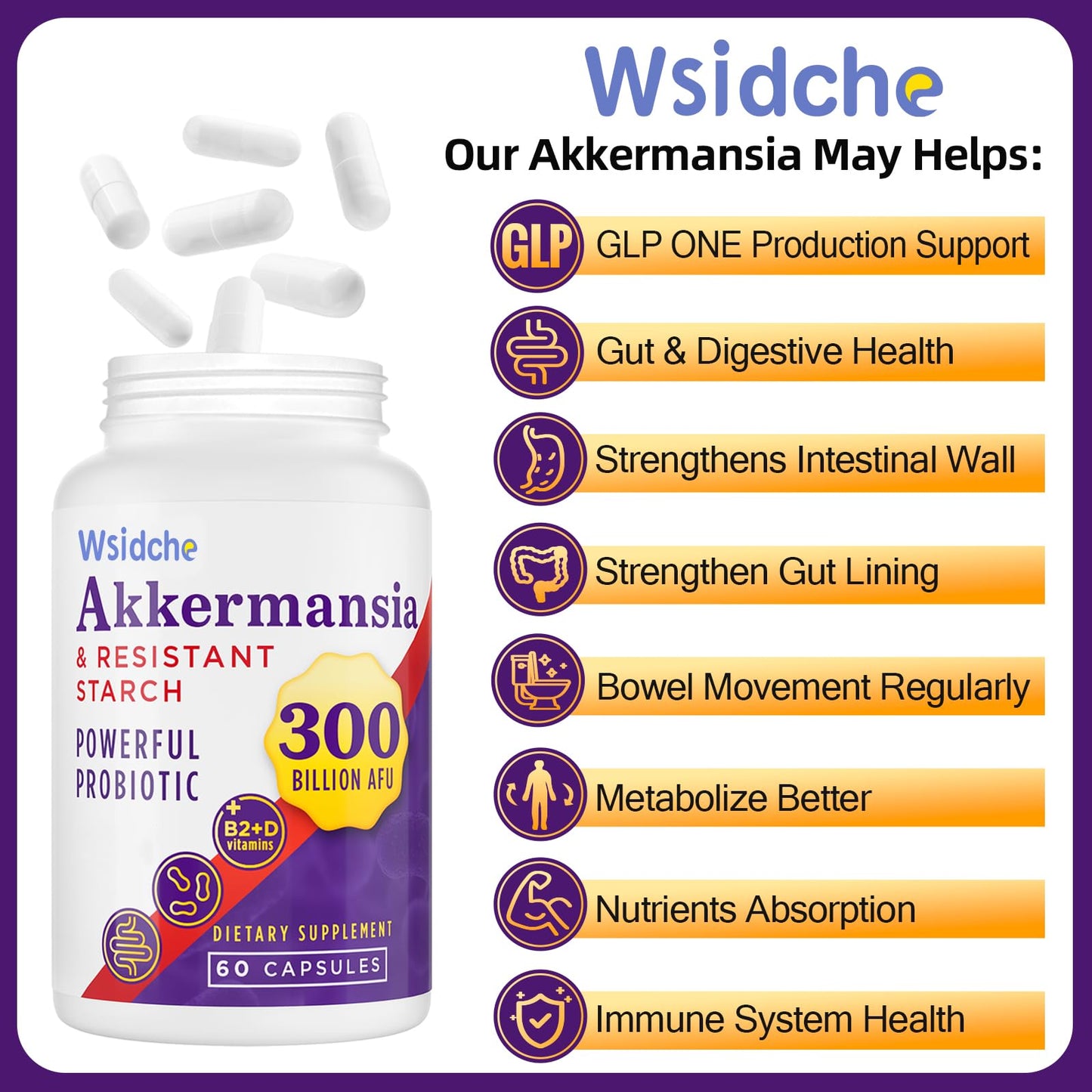 Wsidche 300 Billion AFU Akkermansia Probiotic | 3 Packs for Digestive & Gut Support