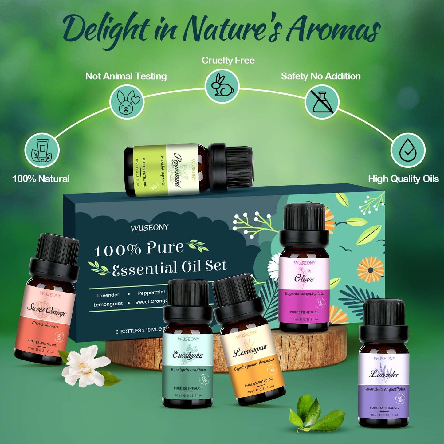WUSEONY 6 Natural Aromatherapy Oils Gift Set – Lavender, Peppermint & More