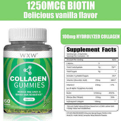 WXW Hydrolyzed Collagen Gummies for Women - Non-GMO Anti-Aging Formula | Biotin, Zinc, Vitamins C & E | Vanilla 60ct