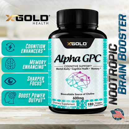 Alpha GPC Choline Supplement 600mg | 180 Veggie Capsules | High-Purity, Bioavailable Nootropic | X Gold Health